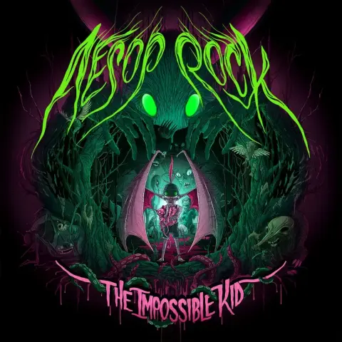 Album cover for The Impossible Kid by Aesop Rock. The vivid illustration features a surreal, nightmarish forest with glowing neon green and pink tones. A monstrous creature with bright green eyes looms in the background, while a winged, humanoid figure holding a heart-like object stands center stage inside a ribcage-shaped portal. The artist’s name “Aesop Rock” is written in jagged green letters above, with the album title “The Impossible Kid” in dripping pink graffiti-style text below.
