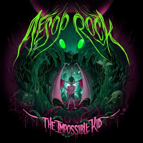 Album cover for The Impossible Kid by Aesop Rock. The vivid illustration features a surreal, nightmarish forest with glowing neon green and pink tones. A monstrous creature with bright green eyes looms in the background, while a winged, humanoid figure holding a heart-like object stands center stage inside a ribcage-shaped portal. The artist’s name “Aesop Rock” is written in jagged green letters above, with the album title “The Impossible Kid” in dripping pink graffiti-style text below.