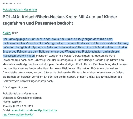 Screenshot der Pressemeldung der Polizei Mannheim