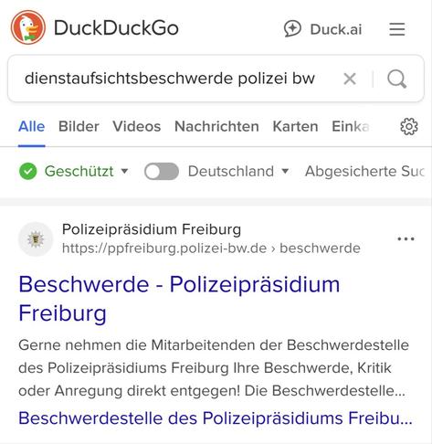 Screenshot einer Websuche „dienstaufsichtsbeschwerde polizei bw“.
