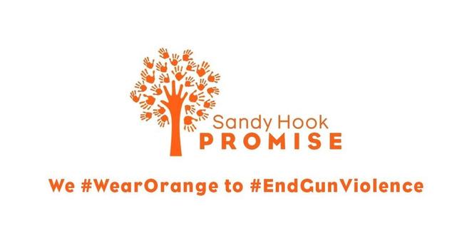 The Sandy Hook Promise logo features an orange tree made of handprints with the organization's name beside it. Below, bold orange text reads: “We #WearOrange to #EndGunViolence.