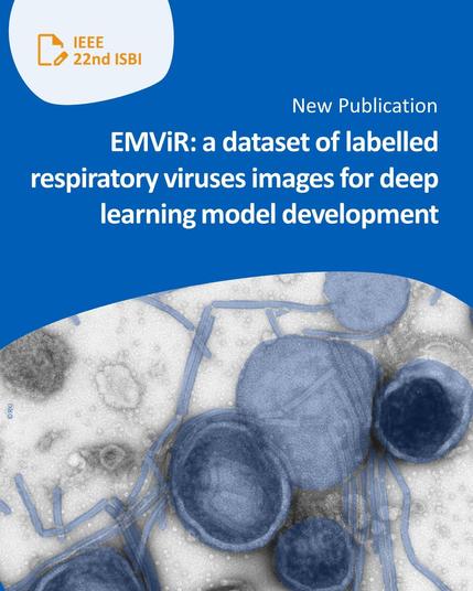 Promotional graphic for a new publication titled “EMViR: a dataset of labelled respiratory viruses images for deep learning model development.” The image features a blue background with the IEEE 22nd ISBI logo and a grayscale electron microscopy image of respiratory viruses, with virus particles highlighted in blue.