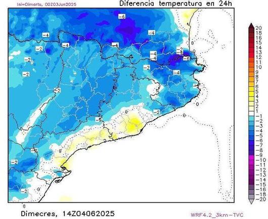 Comparativa de la temperatura màxima de dimecres respecte a la de dimarts (WRF / 3Cat)