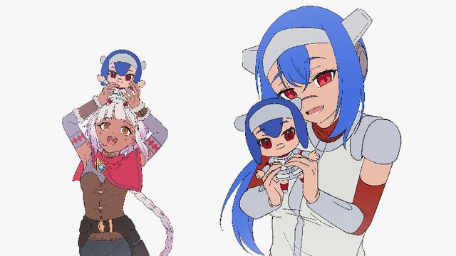 An Image of Juno from Alabaster Dawn and Lea from CrossCode each holding a tiny and smug Lea plush.
