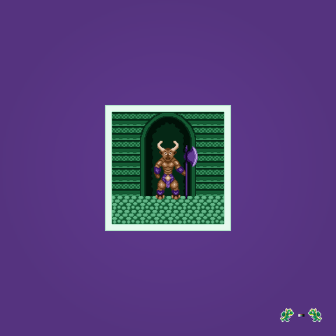 A pixel art drawing of a minotaur holding a poleaxe in one hand, whilst standing inside an archway on top of cobblestone tiles