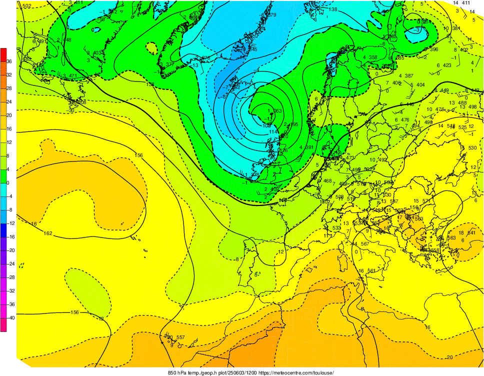Analyse en altitude de la sitation météo en Europe ce jour.