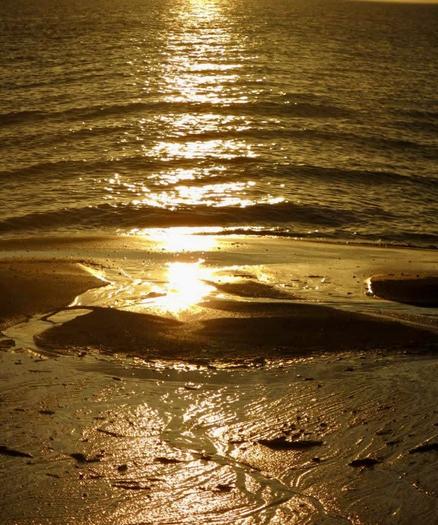 Golden rays of the sunset defect off of the waves of water, rocks and sand on the shoreline