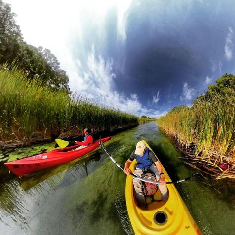 One of a series of photographs in which two people are pictured hiking, biking, and kayaking throughout a beautiful and verdant state park in central Minnesota under cloudy blue late-summer skies.