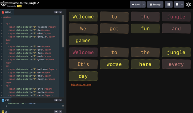 screenshot of codepen editor showing word blocks saying welcome to the jungle at jaunty angles