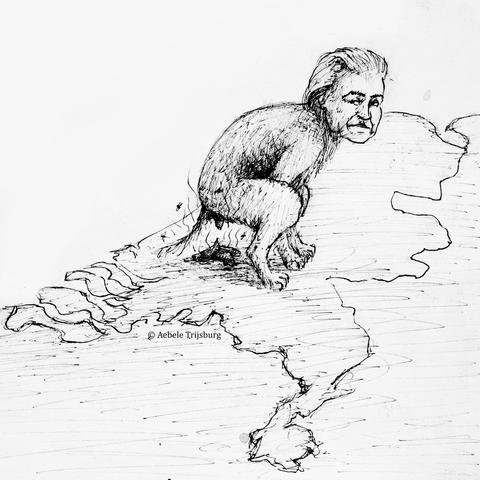 A cartoon of Wilders with a dogs' body taking a dump on the Netherlands