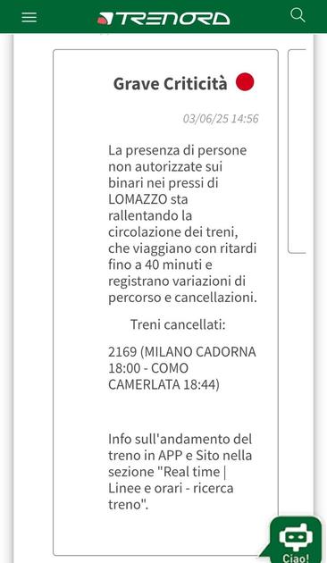 La presenza di persone che pascolano sui binari nei pressi di Lomazzo ha causato il rallentamento e la cancellazione di alcuni treni sulla tratta Como-Milano