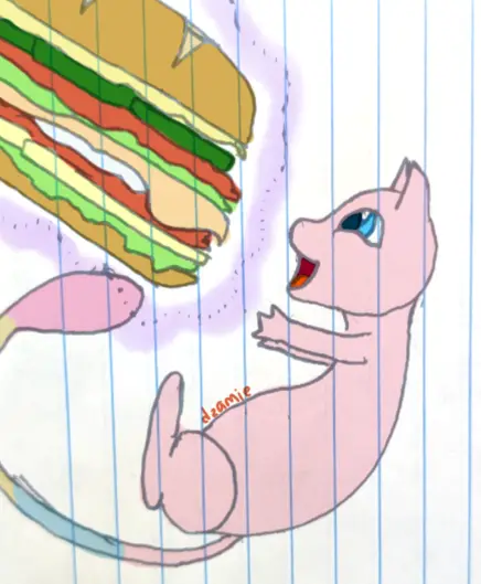 Mew floats in the air, sporting desaturated pansexual pride flag colors on his tail. In front of him is a large sub sandwich, easily bigger than his body, that he's holding in telekinesis. He smiles with glee in anticipation of his meal.