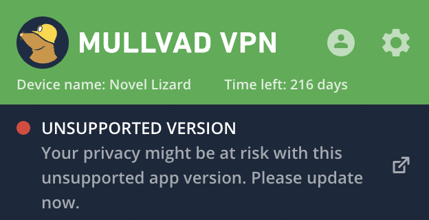 Screenshot showing Mullvad VPN app, asking me to 'update now'.