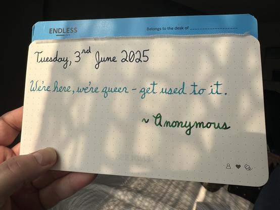 An anonymous quote that reads, “We’re here, we’re queer - get used to it.”

Written using Lamy Petrol, Jacques Herbin Emerauld de Chivor & Montblanc Irish Green.