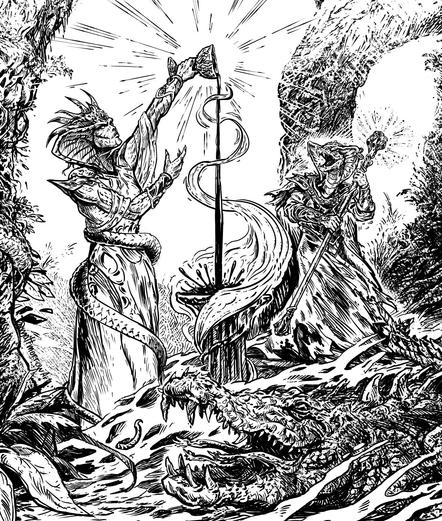 A snake priestess pouring blood from a chalice while a snake guy holding a staff looks on. Also, there's an evil looking crocodile in there.