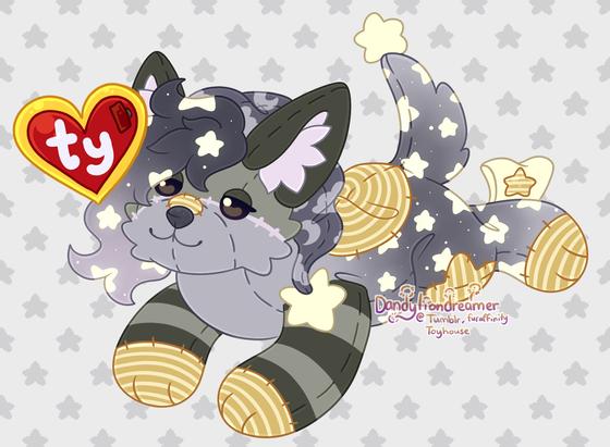 my oc nappy pappy redesigned as a beanie baby plushie

nappy pappy is a star covered dog with a nap cap patterned with moons and clouds, they have green ears and green stripes down their arms, as well as yellow stripped patches on their paws face back and legs

theyh ave a ty heart tag and a leg tag with a heart on it