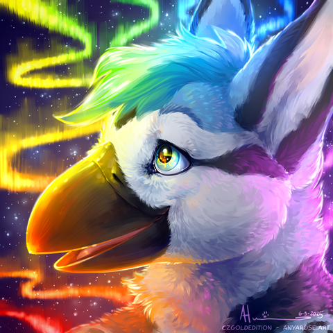 Portrait painting of an anthropomorphic gryphon furry with characteristics of a blue jay and snow leopard lit up in rainbow colors by a pride aurora borealis.