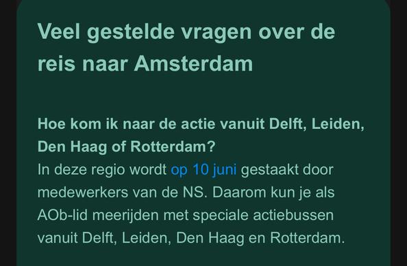 Screenshot uit e-mail over dat de NS staakt en je met de bus naar Amsterdam kunt komen