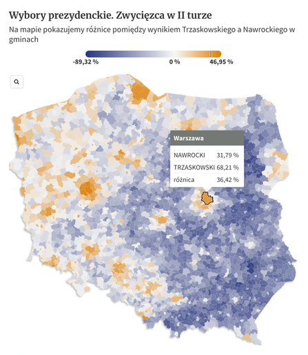 A map of Polish electoral districts, showing where people voted for which presidential candidate with a diverging color scale. It highlights how western Poland and most major cities tend to lean liberal and pro-EU. Published by Gazeta Wyborcza.