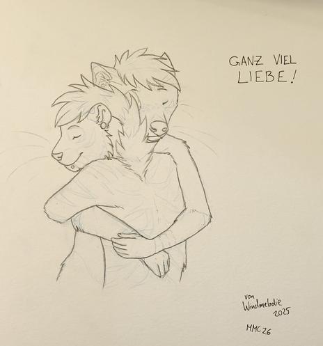 Sketch of an anthro tiger hugging an anthro tasmanian devil. The hug looks very close but tender and soft, both smiling very lightly