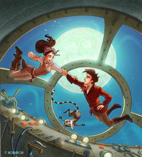 a book cover illustration of the interior of a steampunk spaceship helm on their way to the moon; a young Jules Verne and Amelie Lukas holding onto each others' arms to keep each other from floating away; their lemur Sophia is helplessly floating upside-down nearby