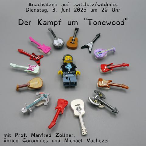 Streamankündigung für „#nachsitzen auf twitch.tv/wildmics“ am Dienstag, 3. Juni 2025 um 20 Uhr mit dem Titel „Der Kampf um 'Tonewood'“. In der Mitte des Bildes liegt eine LEGO-Minifigur, die Tommy Krappweis darstellt, entspannt auf dem Rücken. Um ihn herum ist ein Kreis aus verschiedenfarbigen LEGO-Gitarren und anderen Saiteninstrumenten arrangiert. Der Talk findet mit Prof. Manfred Zollner, Enrico Coromines und Michael Vochezer statt. Das Bild vermittelt humorvoll Tommys Liebe zu Gitarren.
