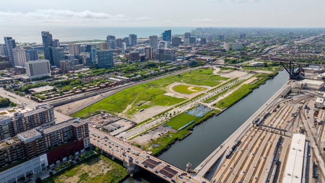 A drone image of The 78, the planned site of the Chicago Fire's new stadium on the Chicago River, just south of Roosevelt Road. (Courtesy of Related Midwest and Black Creative)