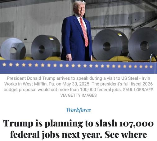 Image of Donald Trump speaking during a visit to US Steel in West Mifflin, Pennsylvania, surrounded by large steel coils. The text highlights his proposal to cut over 100,000 federal jobs in the fiscal 2026 budget.