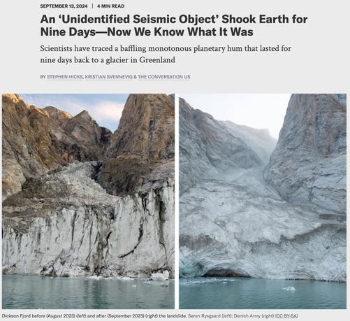Dickson Fjord before (August 2023) (left) and after (September 2023) (right) the landslide.
Søren Rysgaard (left); Danish Army (right) (CC BY-SA)