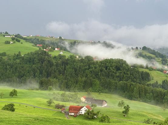 häuser in der grünen landschaft verstreut mit einigen nebelschwaden