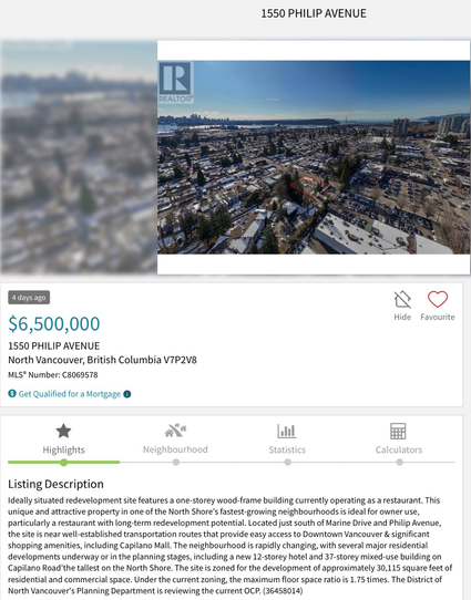 MLS Listing for the land and building of Tomahawk Restaurant in North Vancouver