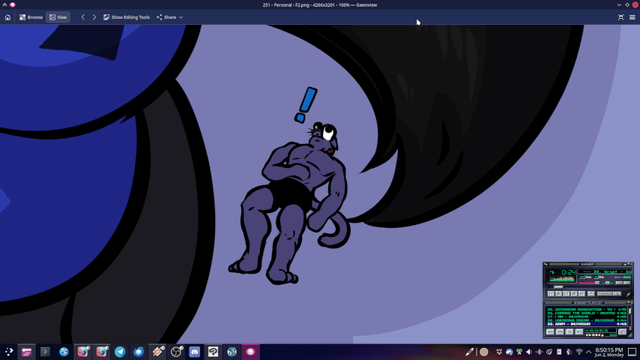 Cropped image of an anthro purple cat with his eyes bulged out in alert, looking up at something.