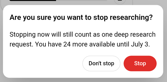 Screenshot of dialogue window that opens in ChatGPT when you attempt to cancel a deep search process.