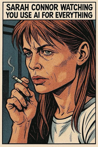 (Sarah Connor looking worried and holding a cigarette)  SARAH CONNOR WATCHING YOU USE AI FOR EVERYTHING