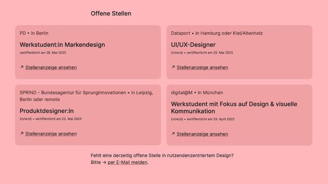 Partial screenshot of a website displaying open 4 design positions – a working student role in brand design in Berlin, a UI/UX design position in Hamburg or Kiel, a product design role in Leipzig or Berlin, a working student in Munich