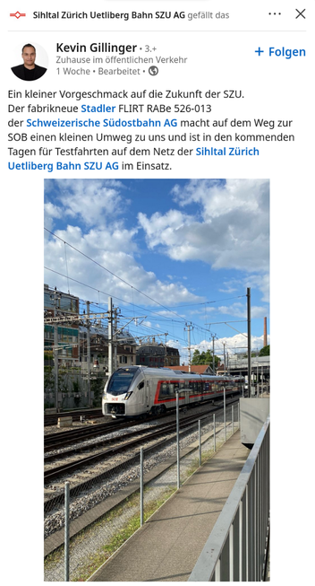 Ein kleiner Vorgeschmack auf die Zukunft der SZU. Der fabrikneue FLIRT RABe 526-013 macht auf dem Weg zur SOB einen kleinen Umweg zu uns und ist in den kommenden Tagen fur Testfahrten auf dem Netz der SZU im Einsatz.