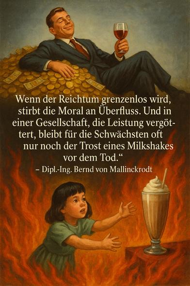 Das Bild zeigt eine düstere Metapher auf soziale Ungleichheit: Ein wohlhabender Mann in Anzug lehnt sich entspannt auf einem goldenen Münzberg zurück, mit einem Glas Rotwein in der Hand – Symbol für dekadente Selbstzufriedenheit im Überfluss. Unter ihm, in einem feurigen Abgrund gefangen, streckt ein kleines Mädchen in einem einfachen grünen Kleid verzweifelt die Hände nach einem Milkshake aus – dem einzigen Trost, der ihr bleibt. Die Flammen symbolisieren existenzielle Not und soziale Vernachlässigung. Das zentrale Zitat kritisiert scharf den moralischen Verfall einer Gesellschaft, in der Reichtum grenzenlos, aber Mitgefühl begrenzt ist.

Bildbeschreibung – English:
The image presents a stark metaphor for social inequality: A wealthy man in a suit lounges smugly atop a pile of gold coins, holding a glass of red wine – a symbol of decadent abundance and detachment. Below him, trapped in a fiery pit, a young girl in a simple green dress reaches out desperately for a milkshake – the only comfort offered in her suffering. The flames represent existential hardship and systemic neglect. The central quote delivers a powerful critique of a society where wealth knows no bounds, but compassion remains scarce.🖖