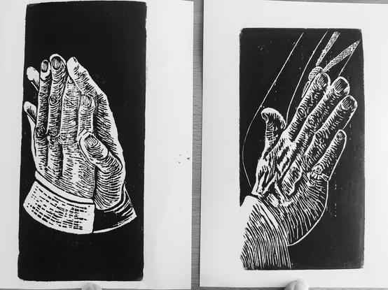 Two woodcut prints of hands on a black background. The first shows the hands of Aziraphale and Crowley during the dance scene of Good Omens season two.The second shows Aziraphale's hand touching Crowley's chest in the bar scene of season two.