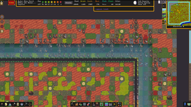 A screenshot of the game DwarfFortress
A lot of goblins are running over red sand. There is a green glass wall. The goblins are all on the outside of the wall. On the outside, next to the wall, the ground drops several z-levels to form a moat. Some of the goblins are in the moat, some are on the level ground.