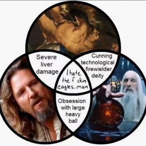 It's a venn diagram, with three circles. One circle depicting prometheus, a titan of hellenic mythology famed for giving humankind fire, and punished by the gods with getting his liver pecked by an eagle for eternity. In the second circle is a picture of the dude from the movie "the big lebowski", known for being a progressive hippie, and therefore a huge fan of creedence clearwater revival, drinking a drink consisting of milk, coffee liquor and vodka, and his love of bowling with friends. The last circle is a picture of saruman from lord of the rings and his spy-orb called palantir. The overlap between prometheus and the dude reads: "severe liver damage". The overlap between saruman and prometheus says: "cunning technological firewielder diety". The overlap between the dude and saruman is: "obsession with large heavy balls". The part shared by all circles is: "I hate the fucking eagles, man"