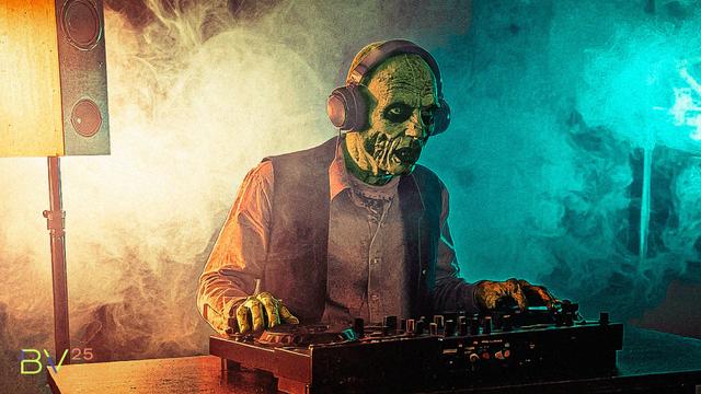 Zombie DJ playing in the smoke-filled lounge.