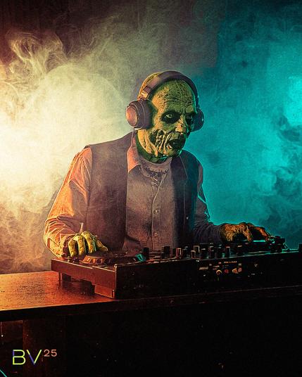 Zombie DJ playing in the smoke-filled lounge.