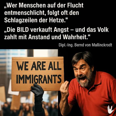 Das Bild ist in zwei Hälften geteilt. Auf der linken Seite sieht man eine Hand in einem schwarzen Handschuh, die ein braunes Pappschild mit der Aufschrift „WE ARE ALL IMMIGRANTS“ hochhält – im Hintergrund unscharf eine Menschenmenge bei einer Demo. Die rechte Bildhälfte zeigt den Kabarettisten Volker Pispers in einem roten Hemd mit leidenschaftlicher Geste und ernster Mimik, als würde er gerade das Zitat sprechen. Darüber stehen die Worte:

„Wer Menschen auf der Flucht entmenschlicht, folgt oft den Schlagzeilen der Hetze.“
„Die BILD verkauft Angst – und das Volk zahlt mit Anstand und Wahrheit.“
— Dipl.-Ing. Bernd von Mallinckrodt

Das Bild konfrontiert mediale Hetze mit einem Appell an Menschlichkeit und Wahrheit.

⸻

📌 Image Description (English):
The image is split in two halves. On the left, a gloved hand holds up a cardboard sign reading “WE ARE ALL IMMIGRANTS,” with a blurred protest crowd in the background. On the right, German comedian Volker Pispers appears mid-performance, passionately gesturing and speaking, wearing a red shirt. Above, a critical quote is displayed:

“Those who dehumanize refugees often follow the headlines of hate.”
“BILD sells fear — and the people pay with decency and truth.”
— Dipl.-Ing. Bernd von Mallinckrodt🖖
