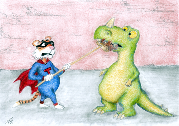 The image depicts a whimsical scene with a tiger dressed as a superhero and a dinosaur. The tigert, wearing a blue suit with a red cape and a black mask, stands on the left side of the image. It holds a stick with a brush attached to it, which it uses to fight the dinosaur by pulling the broom under its chin. The dinosaur, on the right, is green with a yellow belly and has a surprised expression. The background is a simple pink sky with a gray landscape, and the overall style is cartoonish and colorful. The tiger's costume features a red "T" on the chest, and its tail is striped like a tiger's. The dinosaur's mouth is open, revealing its teeth, and it appears to be reacting to the attack. The image is signed in the bottom left corner with the initials "AW."

Provided by @altbot, generated privately and locally using Ovis2-8B
