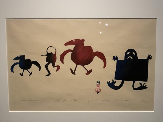 A drawing by SHEOUAK PETAULASSIE bearing the title 
DRAWING FOR PRINT THE POT SPIRITS. It was executed by 
graphite on paper in 1960 and depicts four vaguely anthropomorphic figures all marching right to left across the picture. Two look birdlike, one appears to be a teapot or similar object with legs, and the fourth looks rather ghostlike.