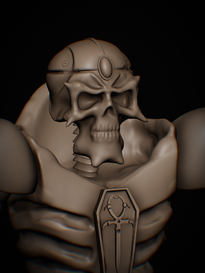 Upper torso closeup of a 3d rendered skeletal warrior, their is a gem embedded in his forehead and a coffin shaped badge with an ankh is on his chest armor.