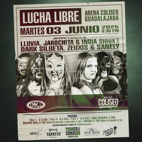 Cartelera de LUCHA LIBRE en la ARENA COLISEO de Guadalajara, para hoy MARTES 3 de Junio.