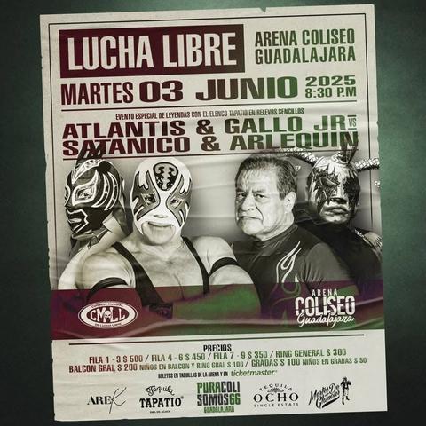 Cartelera de LUCHA LIBRE en la ARENA COLISEO de Guadalajara, para hoy MARTES 3 de Junio.