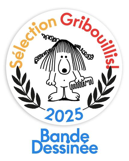 visuel de la sélection Gribouillis 2025, avec un chien un peu mal coiffé mais pas trop, dessiné par Anouck Ricard, et des petits lauriers