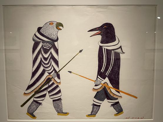 A drawing by PETER PITSEOLAK (1902-1973) which is untitled and was executed in 1967-73 with graphite and felt-tip pen on paper. It depicts two anthropomorphic figures with bird heads who appear to be hunters engaged in conservation.